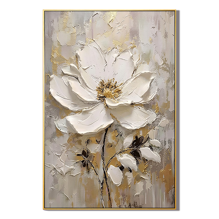 "Luminous Bloom" - Gilded White Magnolia 3D Sculptural Impasto Acrylic Painting with Gold Leaf Accents