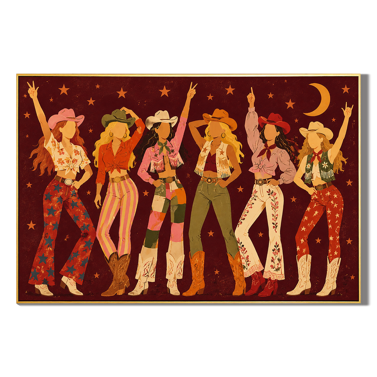 "Cosmic Cowgirls" – Retro Burgundy Boho Western Figurative Oil Painting