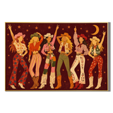 "Cosmic Cowgirls" – Retro Burgundy Boho Western Figurative Oil Painting