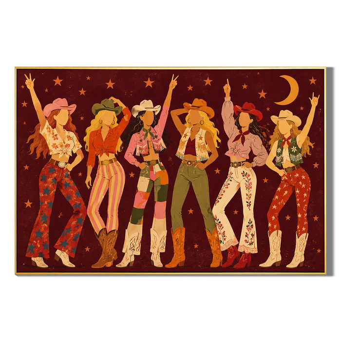 "Cosmic Cowgirls" – Retro Burgundy Boho Western Figurative Oil Painting
