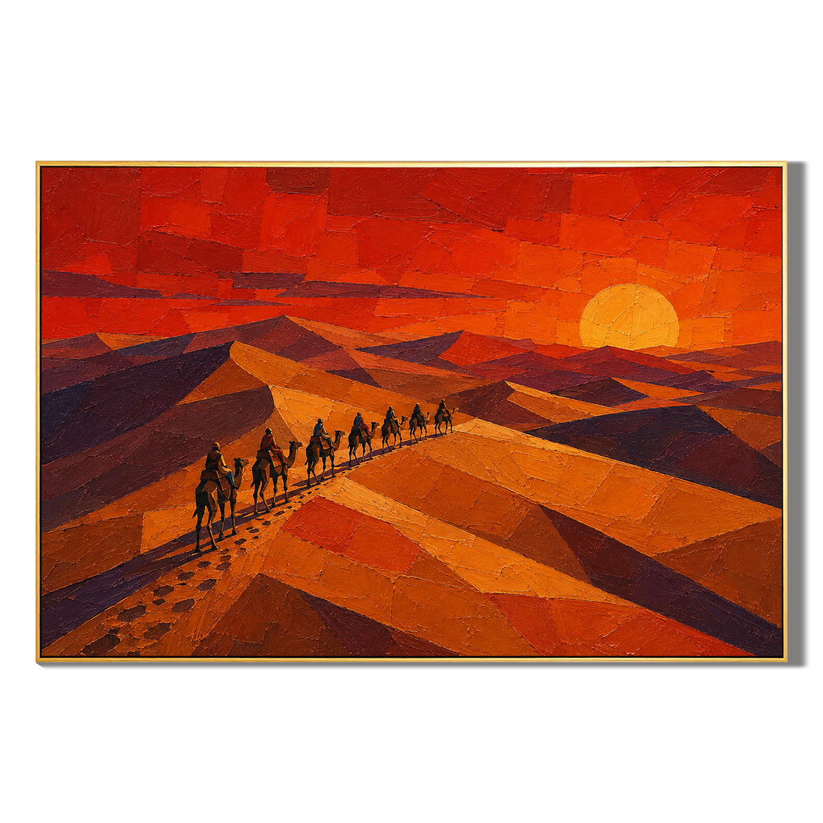 "Crimson Dunes" – Geometric Desert Sunset Textured Oil Painting