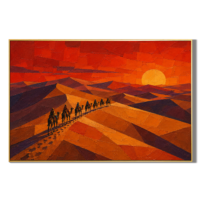 "Crimson Dunes" – Geometric Desert Sunset Textured Oil Painting
