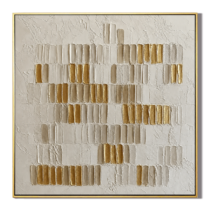 "Golden Rhythm" – Minimalist White & Gold Leaf Textured Acrylic Painting