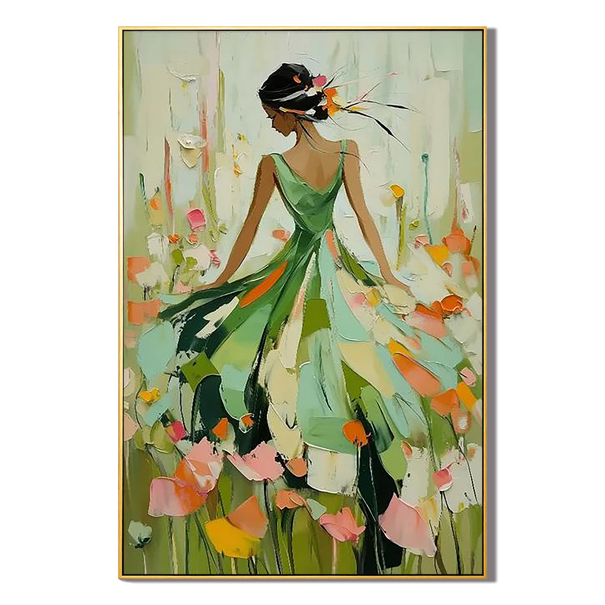 "Floral Waltz" – Green Impressionist Palette Knife Figure Painting