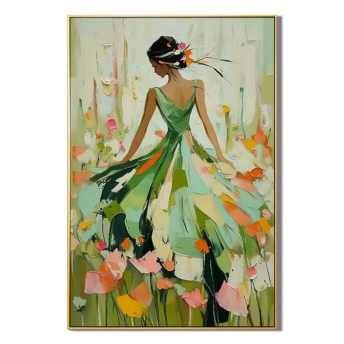 "Floral Waltz" – Green Impressionist Palette Knife Figure Painting