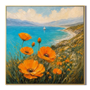 "Coastal Orange Light" – Impressionist Orange Flowers and Turquoise Seascape Oil Painting