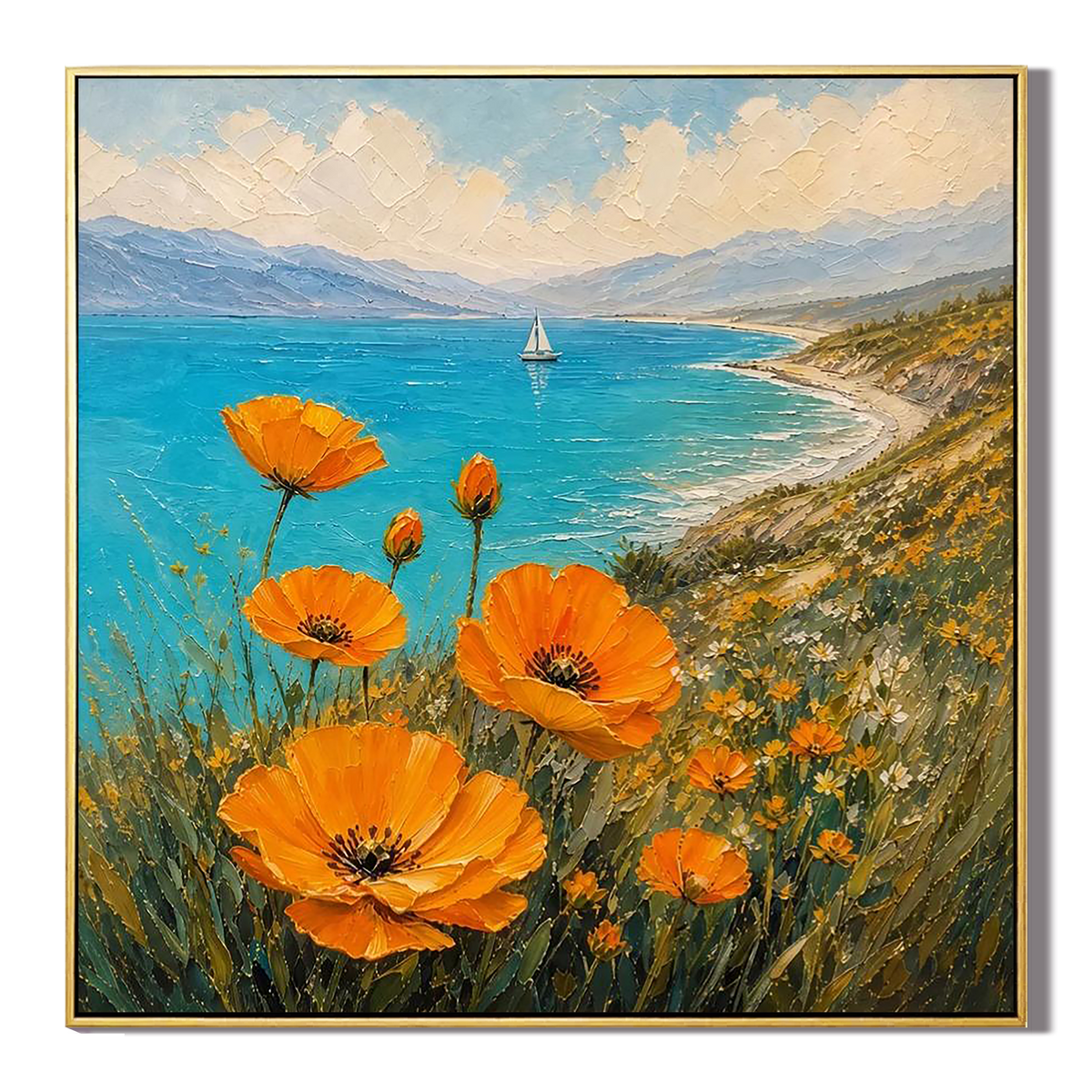 "Coastal Orange Light" – Impressionist Orange Flowers and Turquoise Seascape Oil Painting
