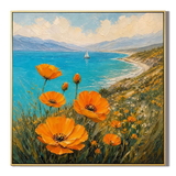 "Coastal Orange Light" – Impressionist Orange Flowers and Turquoise Seascape Oil Painting
