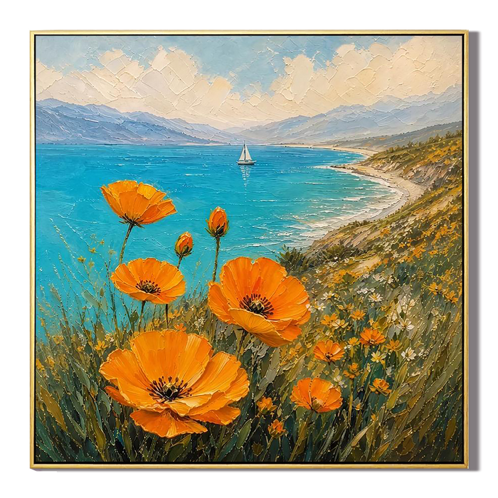 "Coastal Orange Light" – Impressionist Orange Flowers and Turquoise Seascape Oil Painting