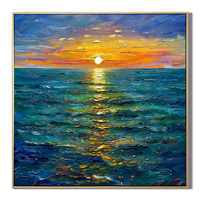 "Golden Horizon" – Ocean Sunset Textured Oil Painting