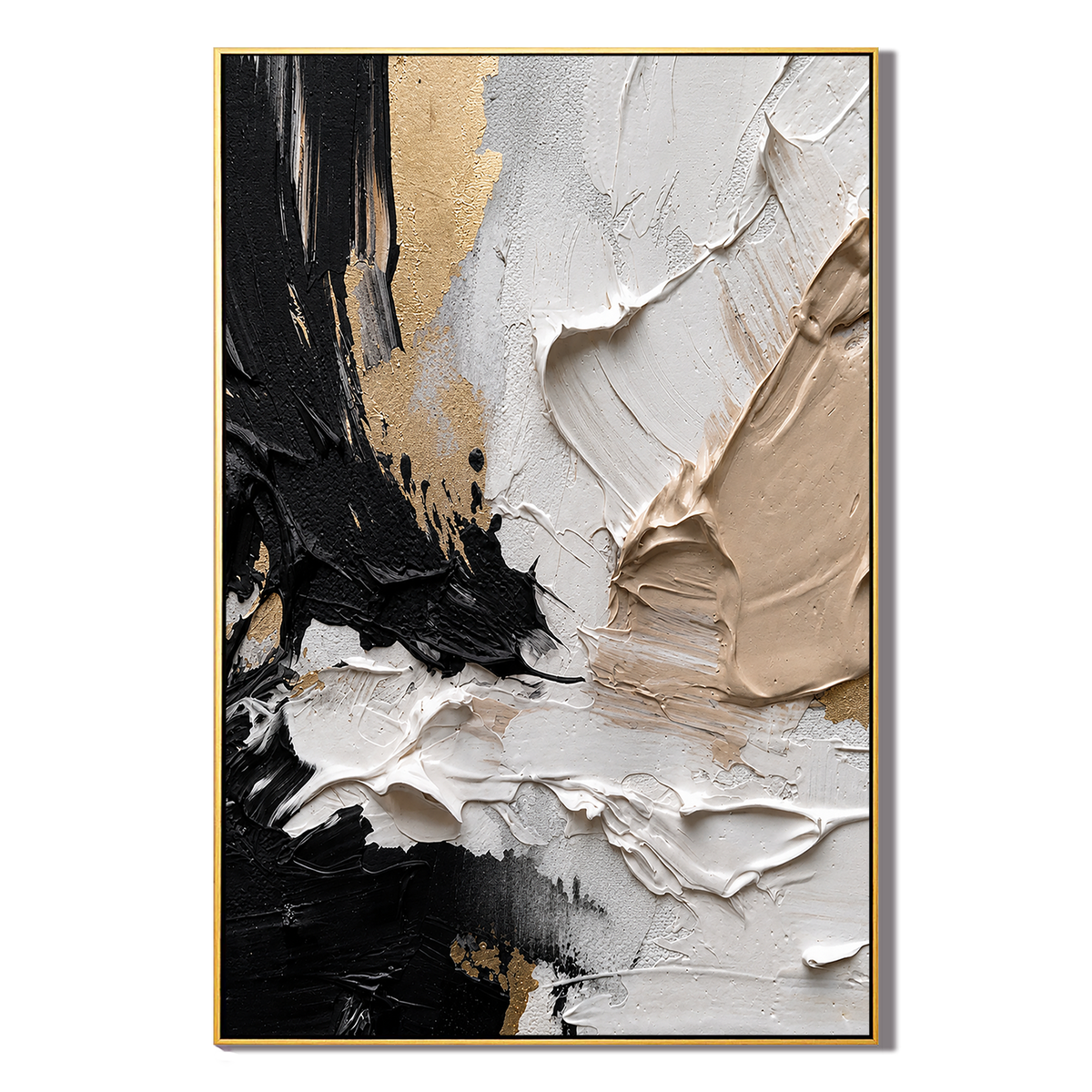 "Gilded Contrast" – Black White Gold Textured Abstract Painting