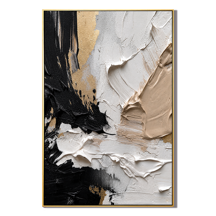 "Gilded Contrast" – Black White Gold Textured Abstract Painting