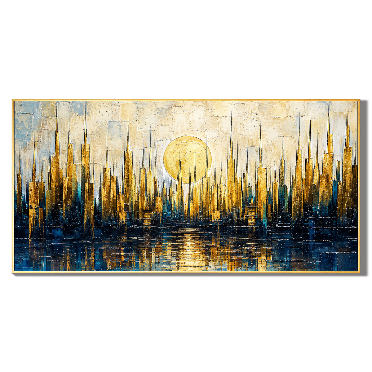 “Golden Metropolis” – Blue Gold Cityscape Impasto Oil Painting