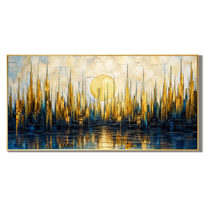 “Golden Metropolis” – Blue Gold Cityscape Impasto Oil Painting