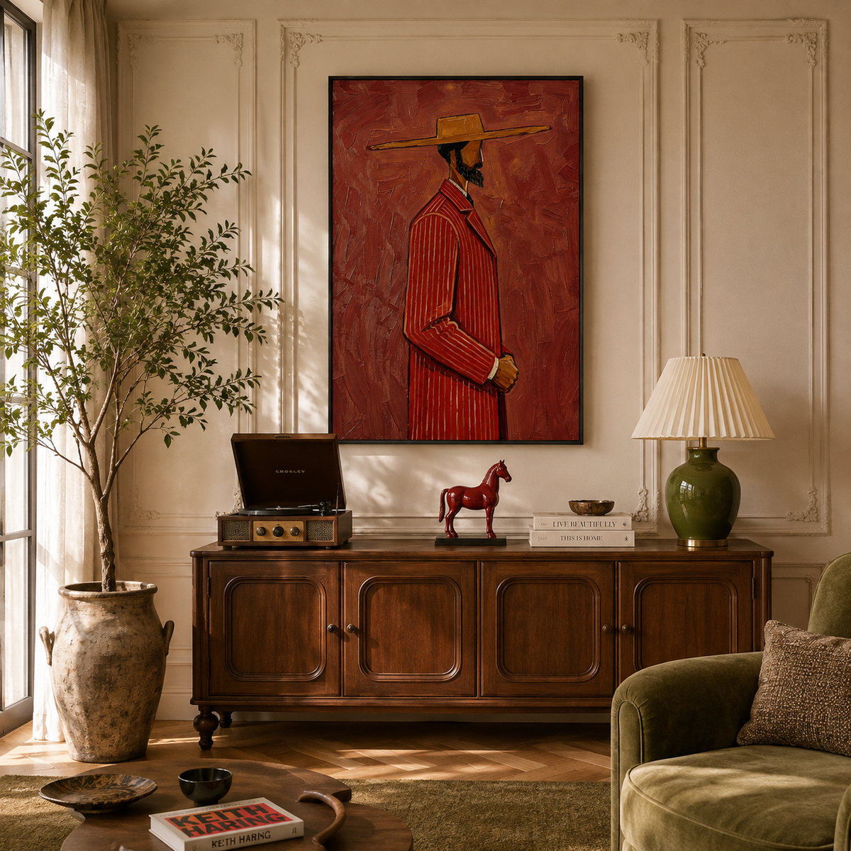 "The Bespoke Gentleman" – Textured Crimson Red Figurative Modern Oil Painting