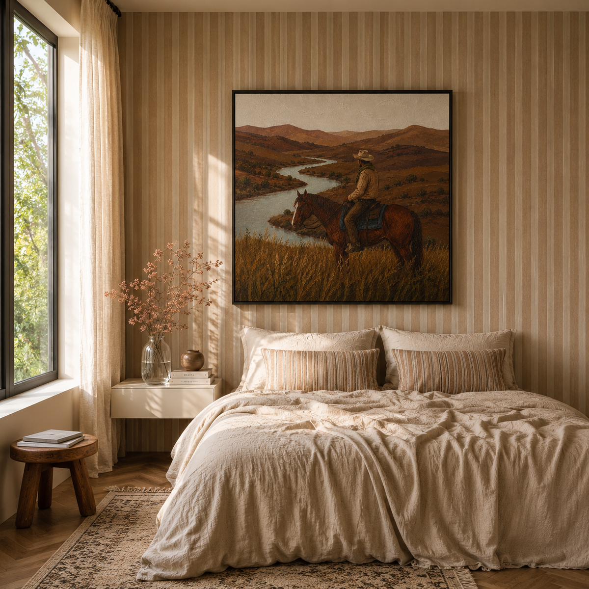 "Echo of the West" – Lone Cowboy on Horseback River Valley Impasto Art