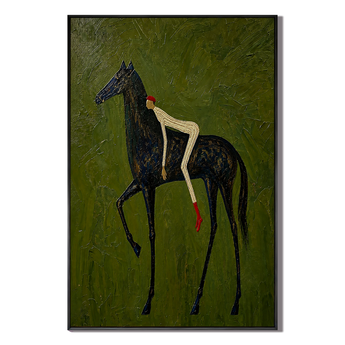 "Midnight Wanderer" – Folk-Surrealist Black Horse Olive Impasto Oil Painting