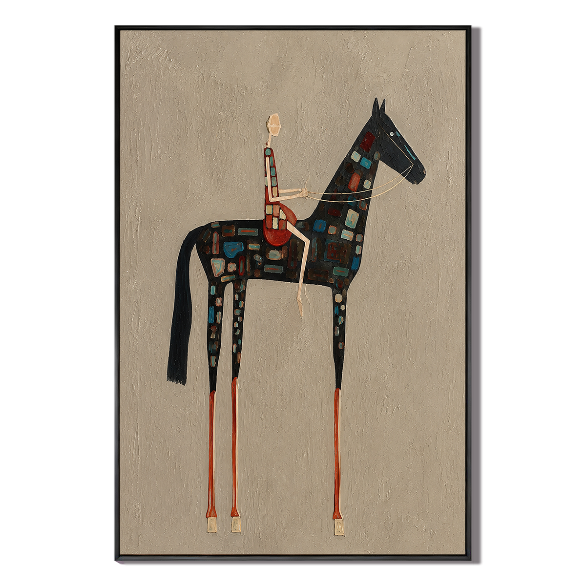 "Mosaic Stride" – Folk-Surrealist Elongated Horse Beige Impasto Oil Painting
