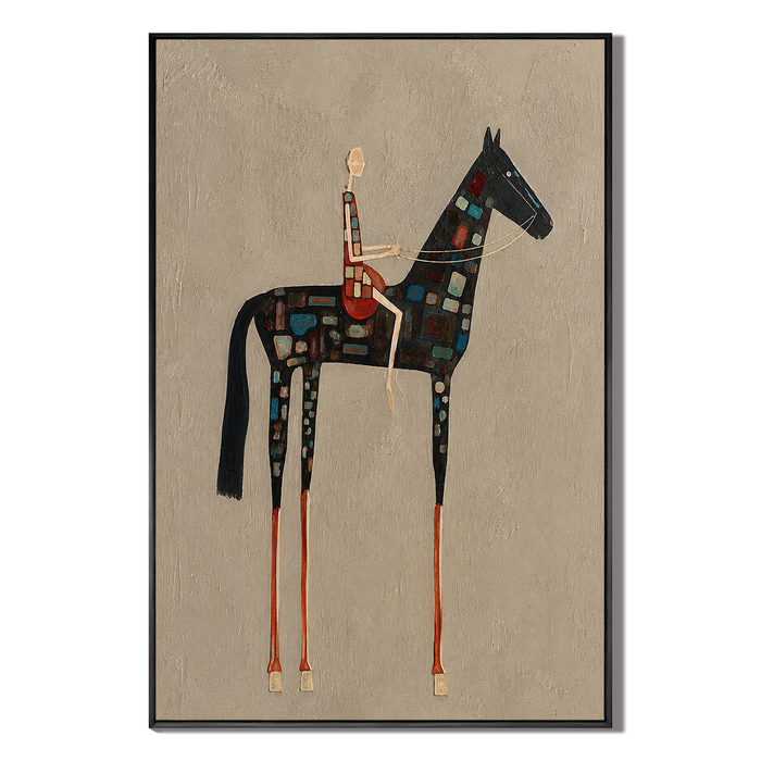 "Mosaic Stride" – Folk-Surrealist Elongated Horse Beige Impasto Oil Painting