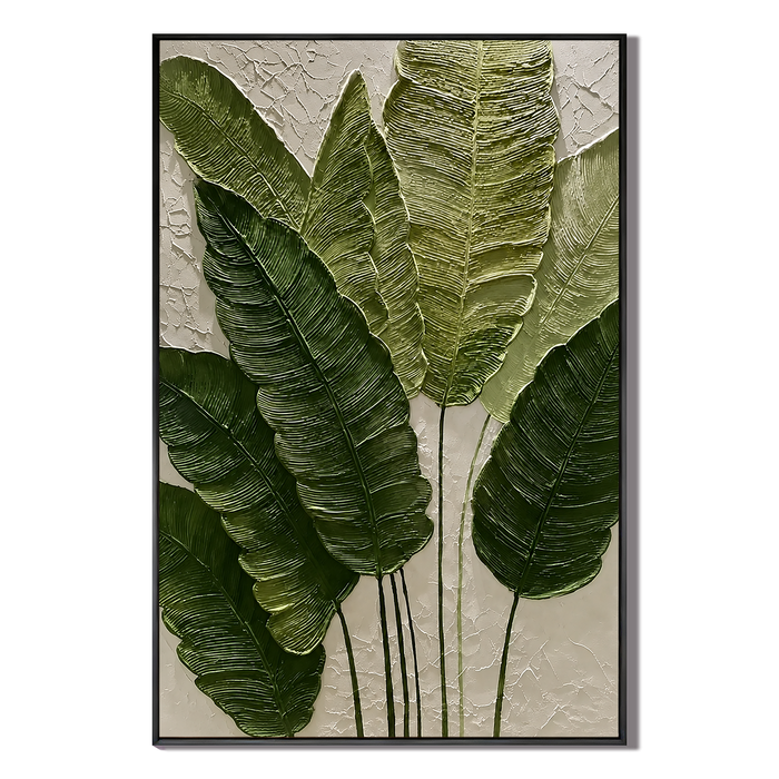 "Verdant Echoes" – Modern Tropical Green Leaf Textured Acrylic Painting