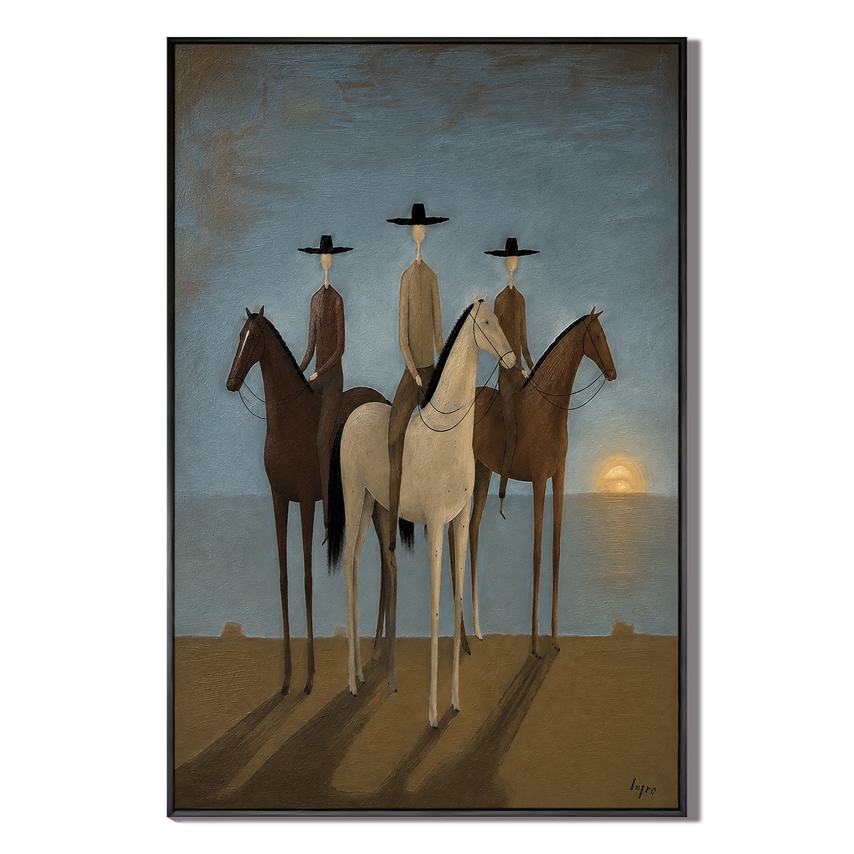 "Twilight Sentinels" – Naïve-Surrealist Three Horsemen Ocean Oil Painting