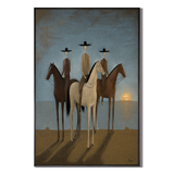 "Twilight Sentinels" – Naïve-Surrealist Three Horsemen Ocean Oil Painting