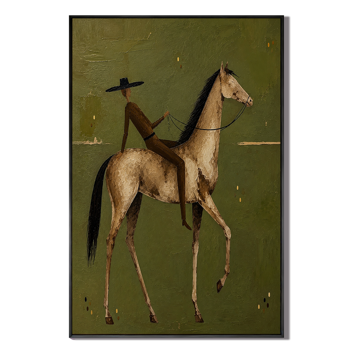"The Quiet Wanderer" – Textured Modern Olive Green Equestrian Oil Painting