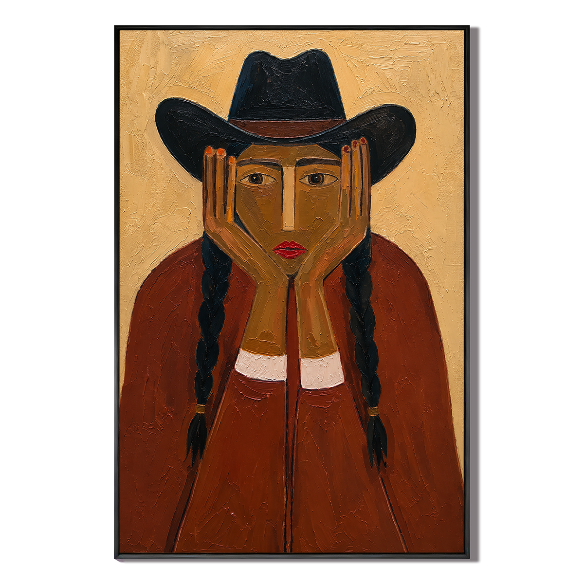 "The Prairie Reverie" – Textured Terracotta Modern Cowgirl Portrait Oil Painting