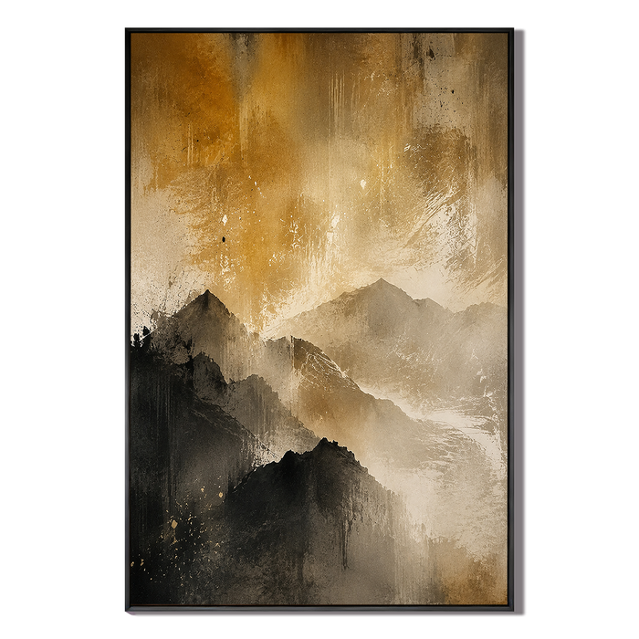 "Golden Summit Echoes" – Wabi-Sabi Warm Gold & Charcoal Abstract Mountain Oil Painting