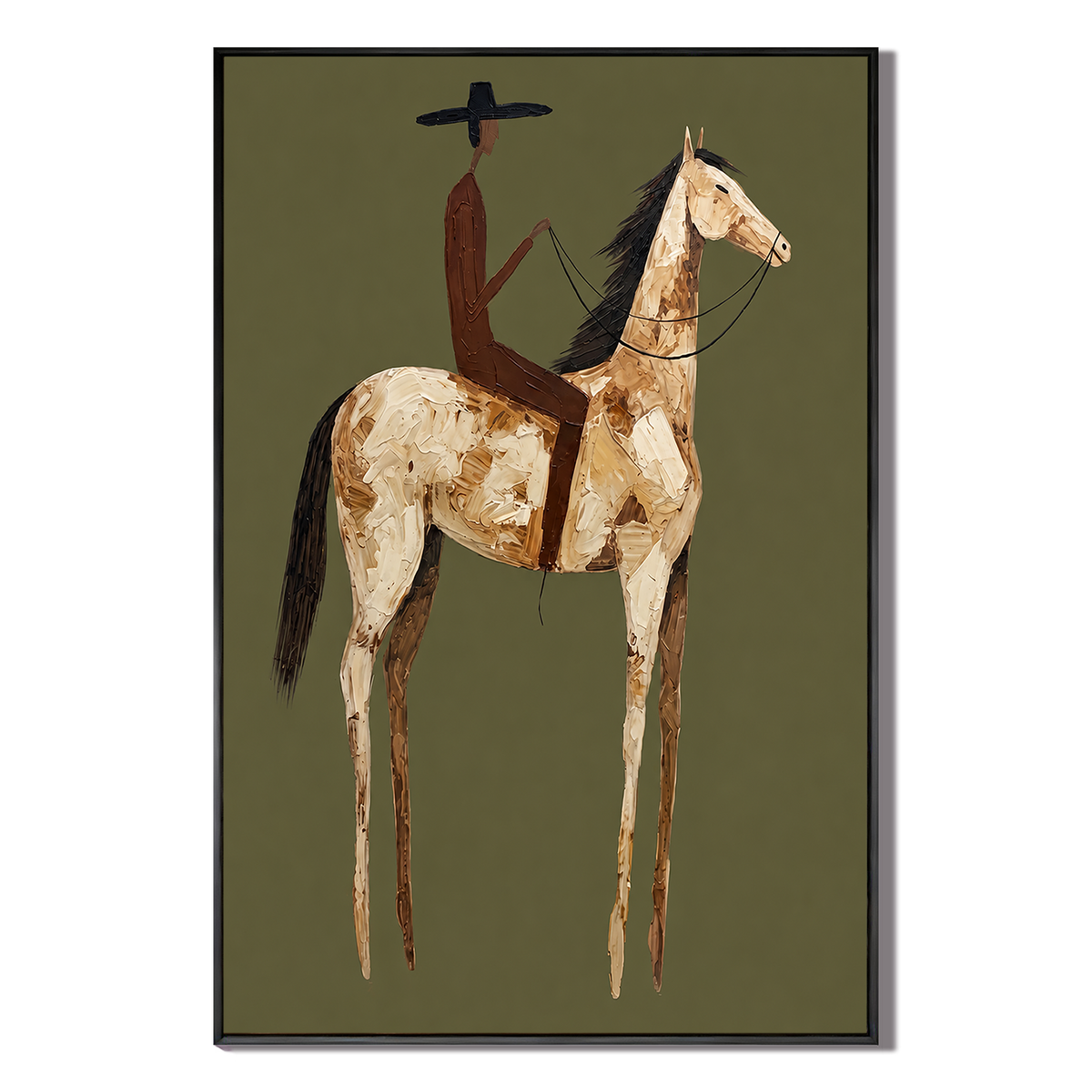 "Desert Solitude" – Elongated Western Rider Textured Olive Canvas Art
