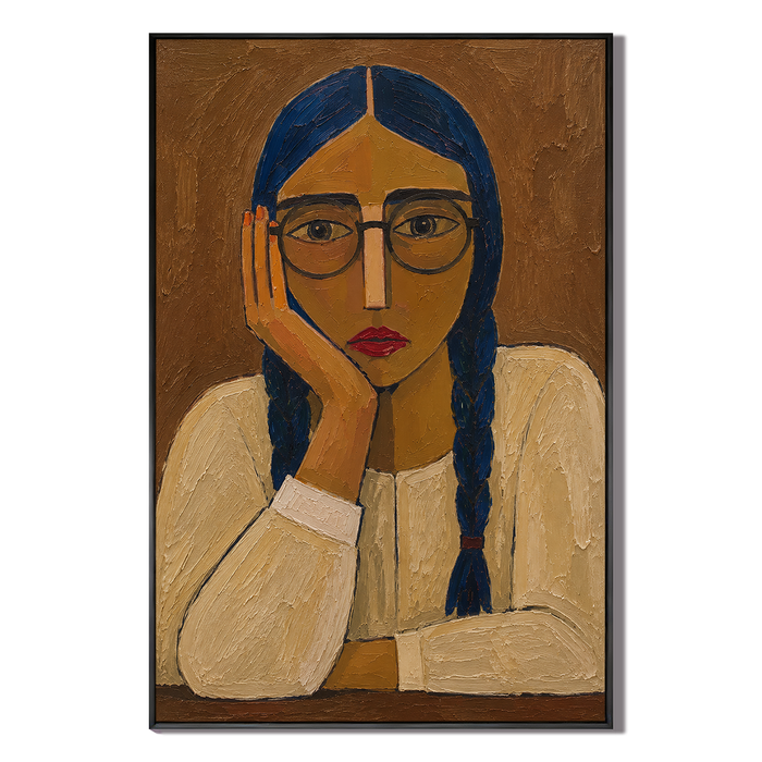 "The Quiet Thinker" – Textured Modern Blue & Earth Tone Portrait Oil Painting