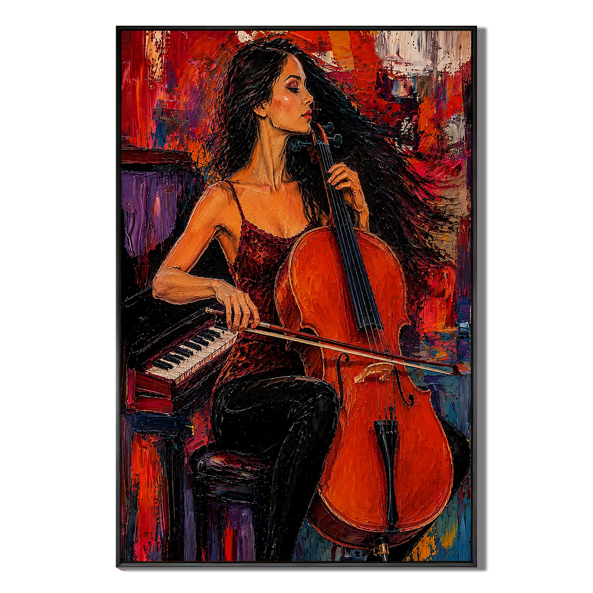 "Melody of the Heart" – Fire & Scarlet Heavy Impasto Cello Player Painting