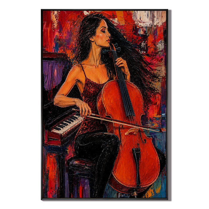 "Melody of the Heart" – Fire & Scarlet Heavy Impasto Cello Player Painting