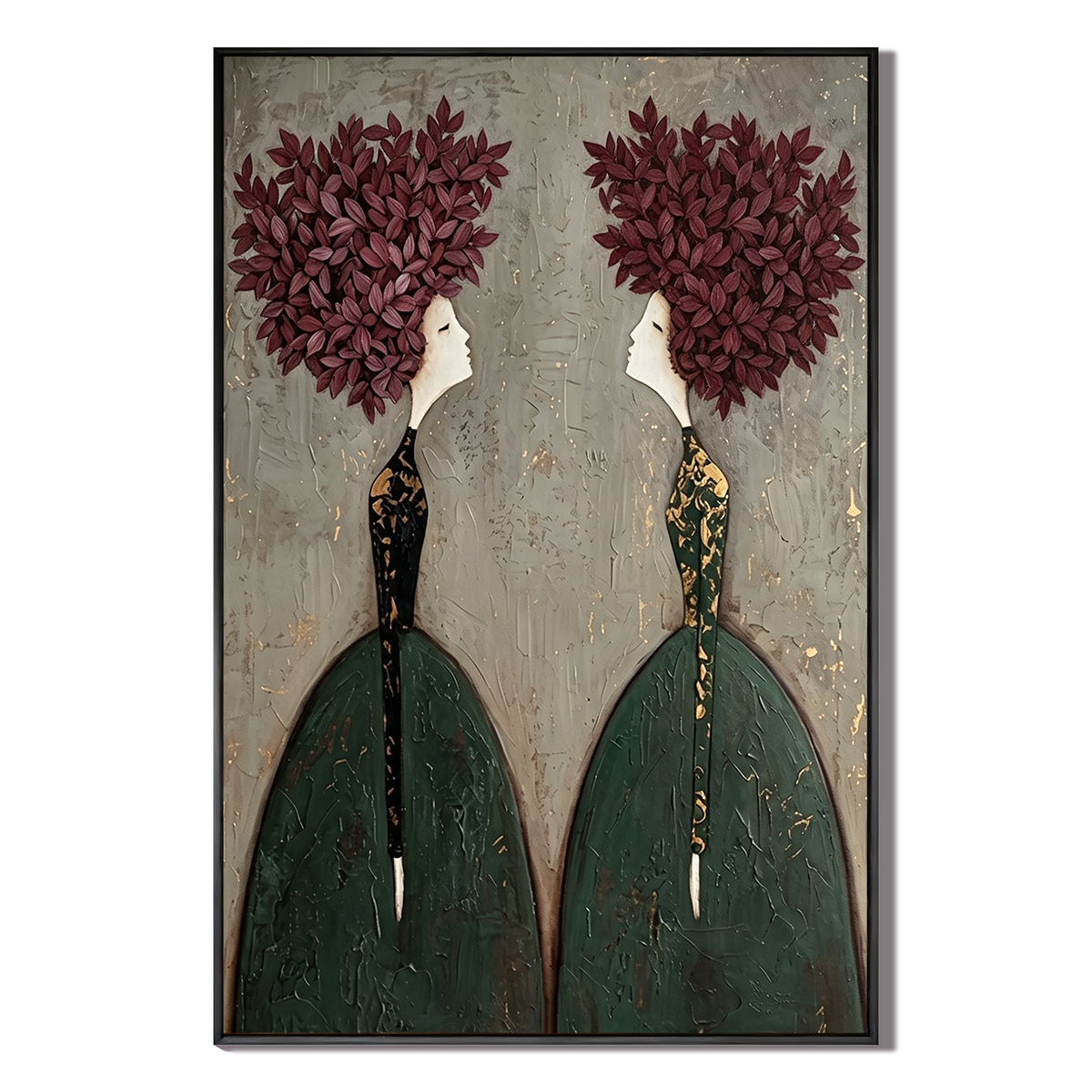 "Botanical Reflection" – Modern Textured Green and Maroon Leaf Woman Figural Oil Painting