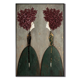 "Botanical Reflection" – Modern Textured Green and Maroon Leaf Woman Figural Oil Painting