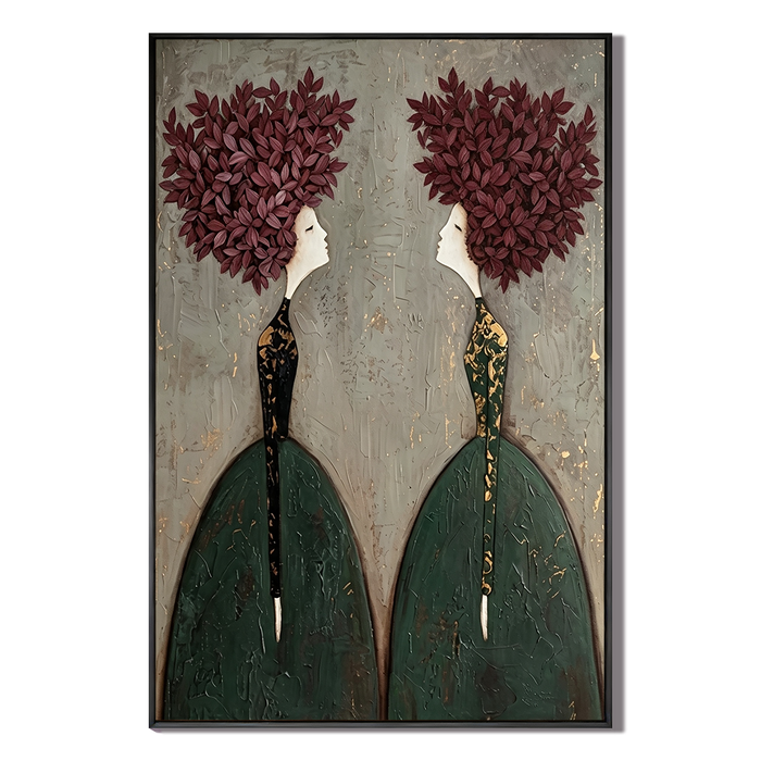 "Botanical Reflection" – Modern Textured Green and Maroon Leaf Woman Figural Oil Painting