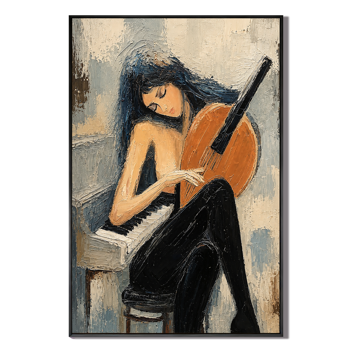 "Lyrical Solitude" – Figurative Musician Slate Blue Impasto Oil Painting