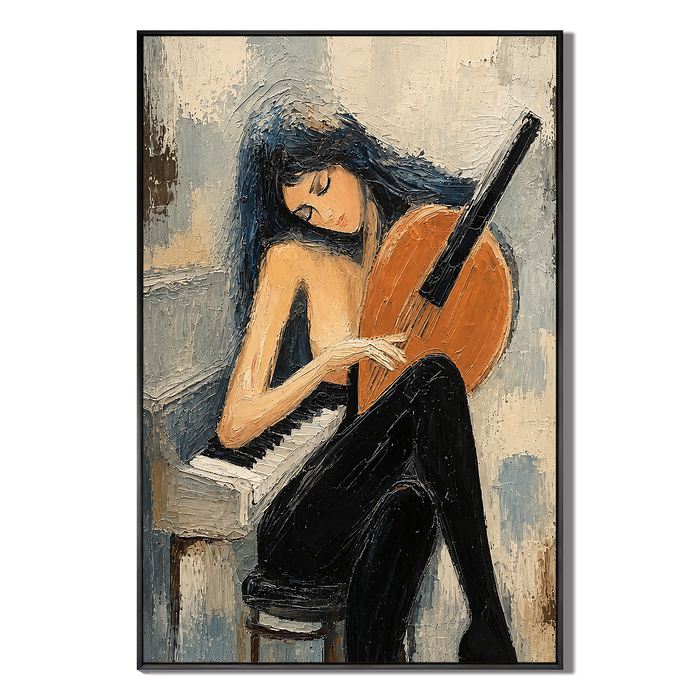 "Lyrical Solitude" – Figurative Musician Slate Blue Impasto Oil Painting