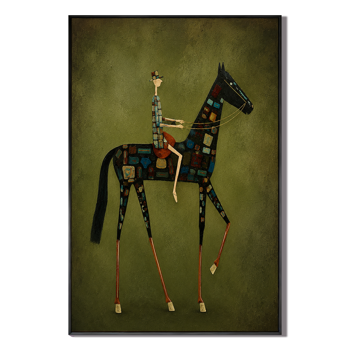 "The Mosaic Cavalier" – Whimsical Olive Green Equestrian Modern Oil Painting