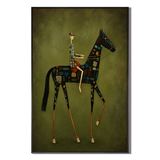 "The Mosaic Cavalier" – Whimsical Olive Green Equestrian Modern Oil Painting