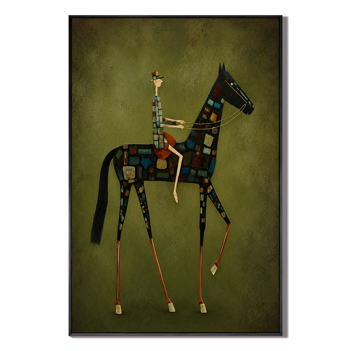"The Mosaic Cavalier" – Whimsical Olive Green Equestrian Modern Oil Painting