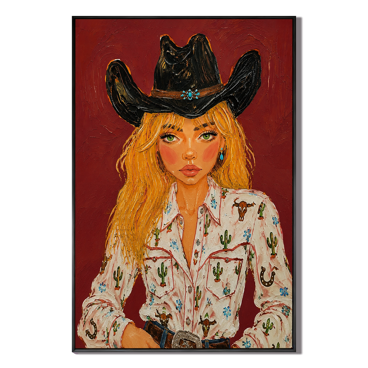 "Desert Siren" – Modern Western Cowgirl Crimson Impasto Oil Painting