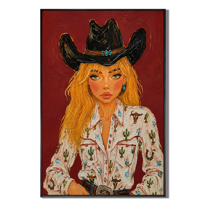 "Desert Siren" – Modern Western Cowgirl Crimson Impasto Oil Painting