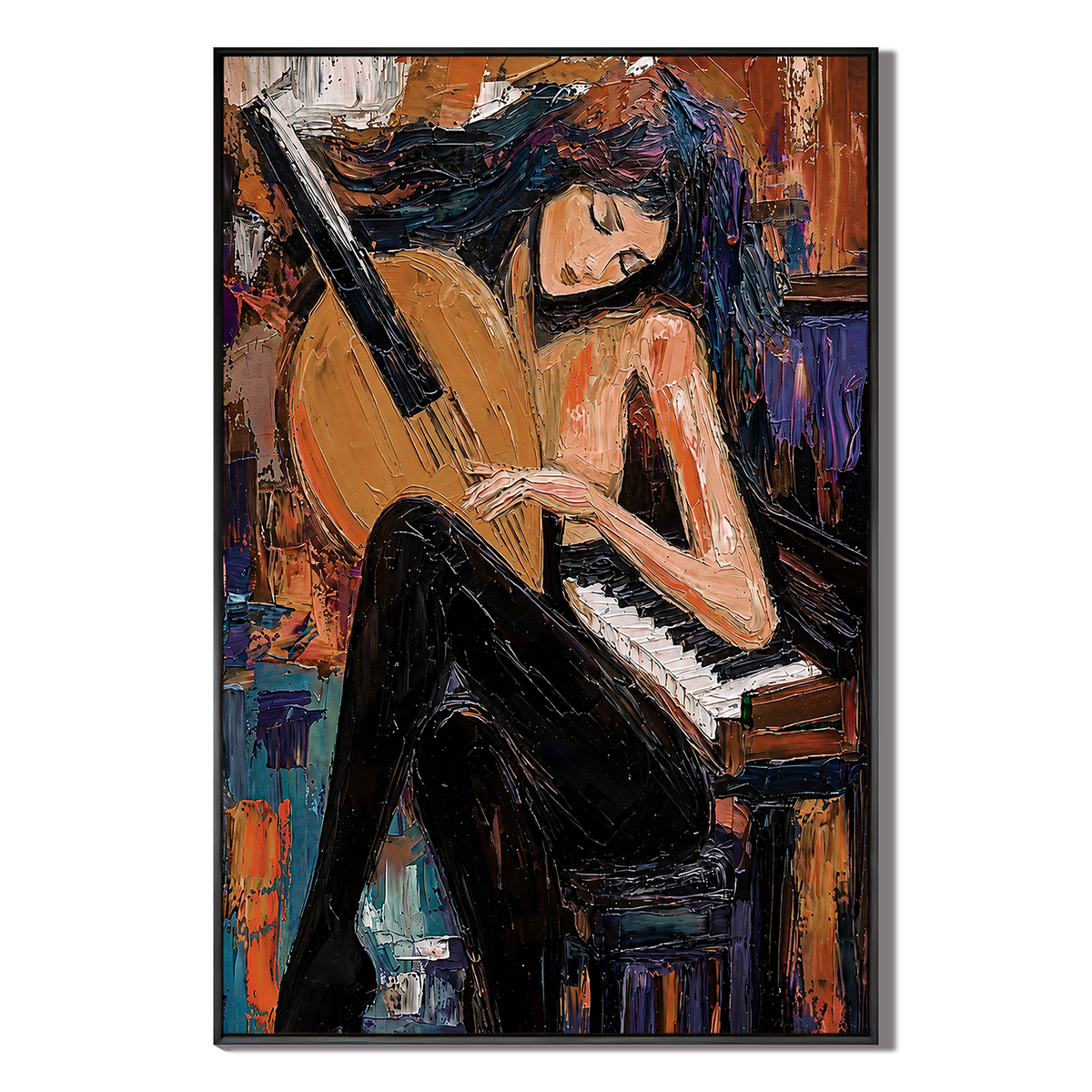 "Midnight Sonata" – Modern Figurative Musician Amber Impasto Oil Painting