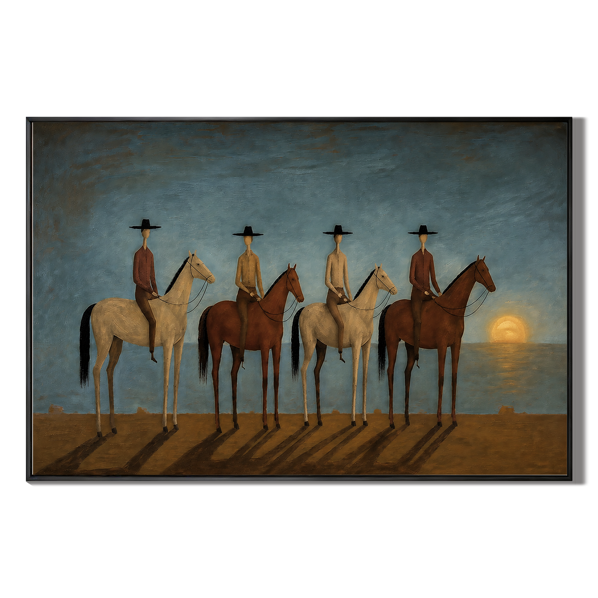 "Mysterious Night Traveling Team" – Naïve-Surrealist Four Horsemen Atmospheric Painting