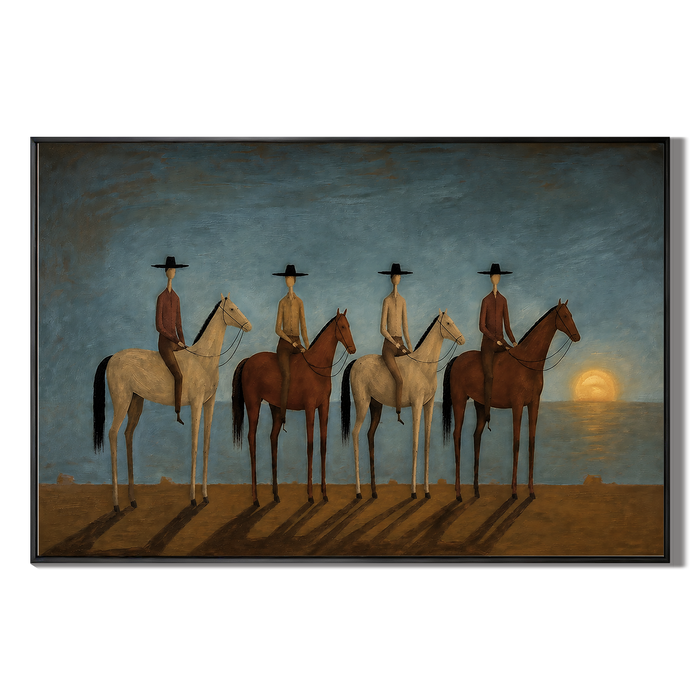 "Mysterious Night Traveling Team" – Naïve-Surrealist Four Horsemen Atmospheric Painting