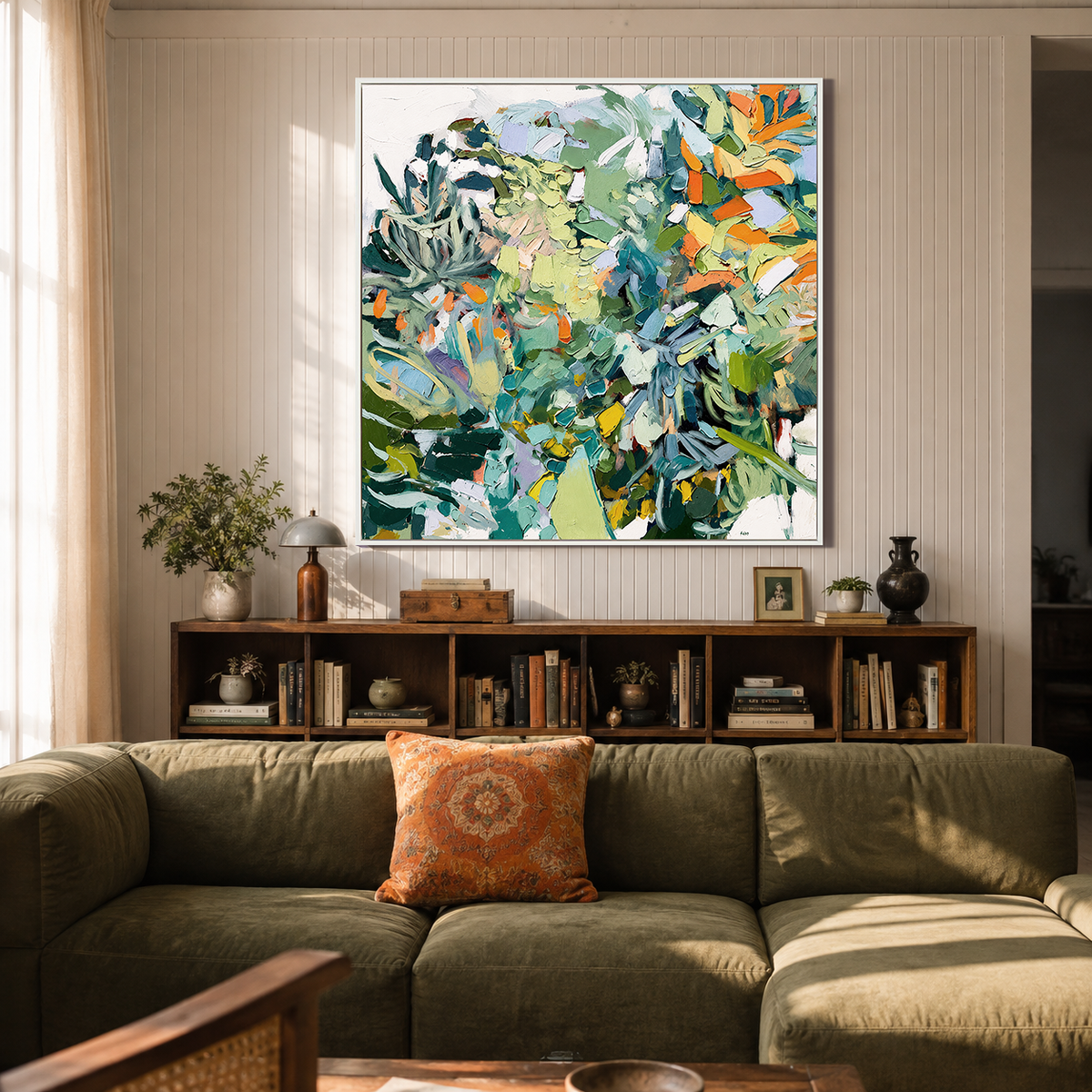 "Verdant Symphony" – Modern Textured Botanical Green Abstract Oil Painting