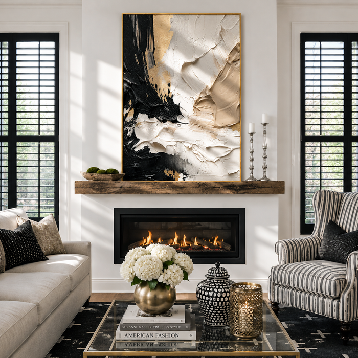 "Gilded Contrast" – Black White Gold Textured Abstract Painting