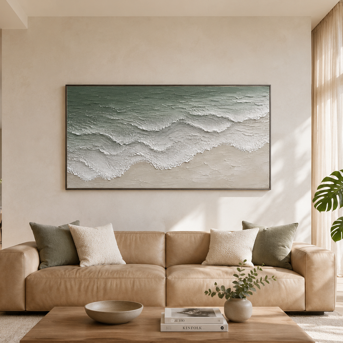 “Tidal Whisper” – Sage Green Coastal Wave Impasto Oil Painting