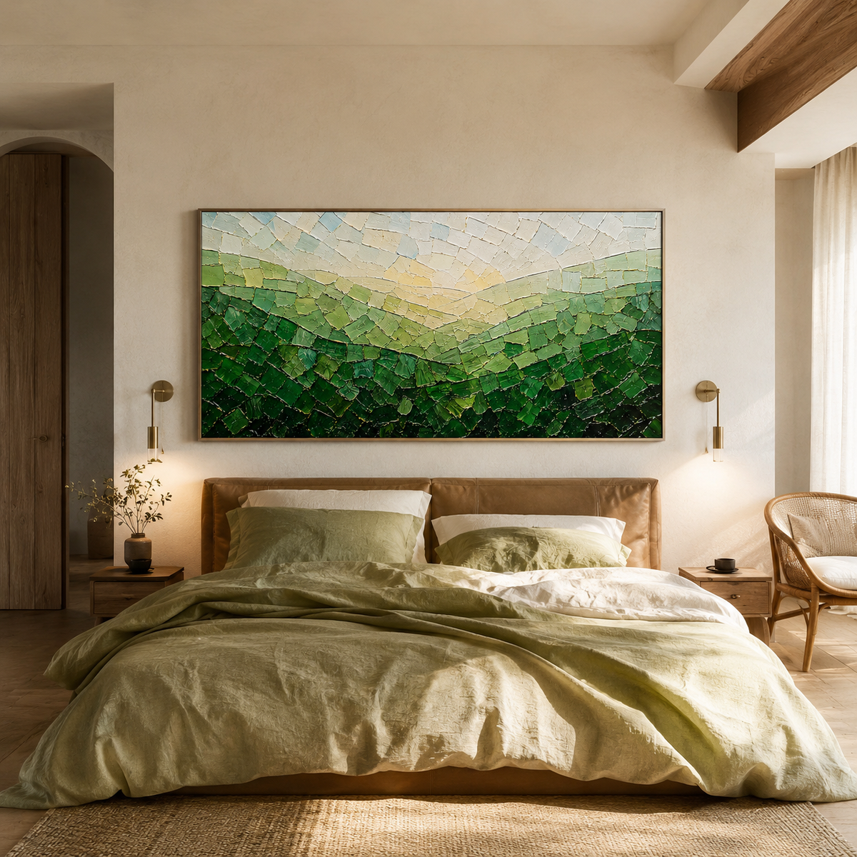 “Valley of Morning Light” – Green Mosaic Landscape Impasto Oil Painting